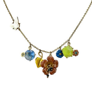 VTG Les Néréides Multicolor Bronze Charm Necklace w Flower & Butterfly Charms